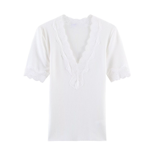 Women's slim V-neck lace ribbed T-shirt