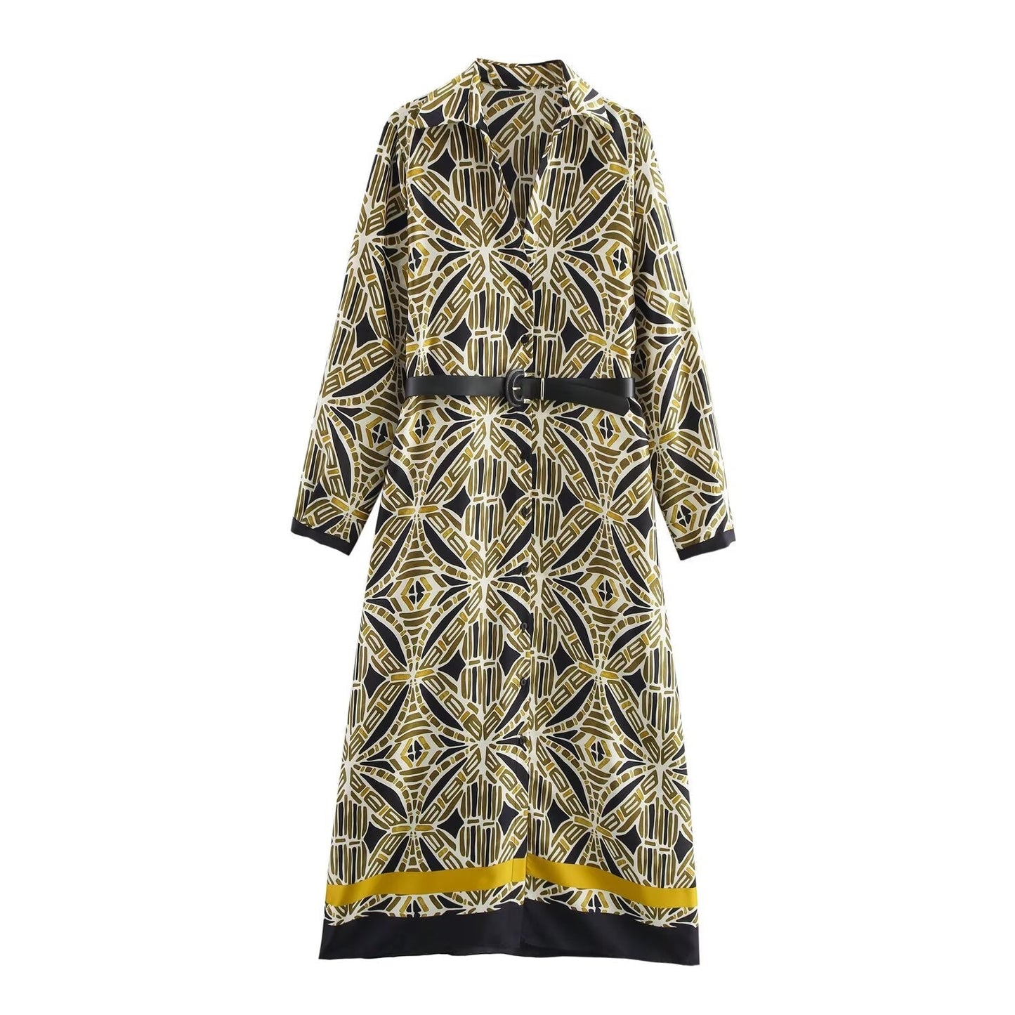 Women's new Chic Fashion belt decoration loose single breasted printed MIDI dress retro lapel long sleeved women's dress Mujer