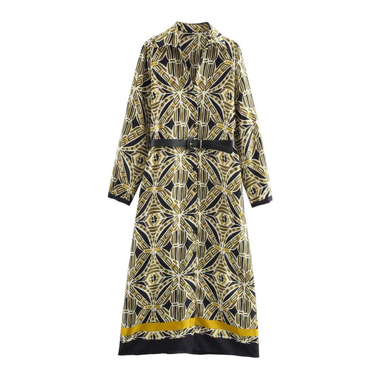 Women's new Chic Fashion belt decoration loose single breasted printed MIDI dress retro lapel long sleeved women's dress Mujer