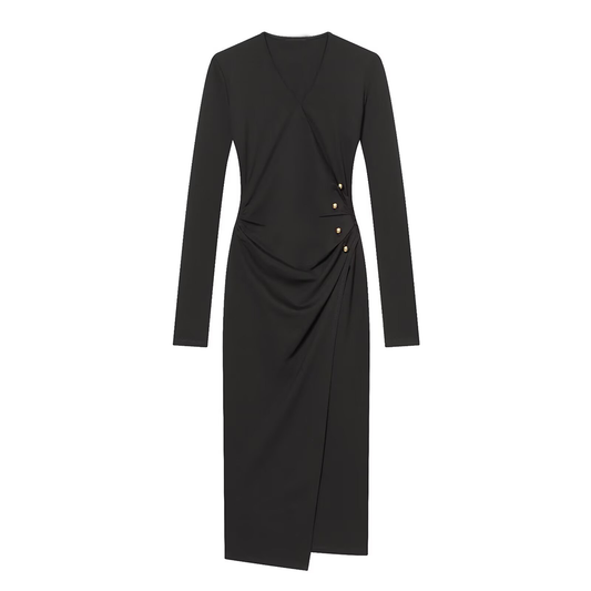 Women's metal buckle decoration V-neck pleated dress
