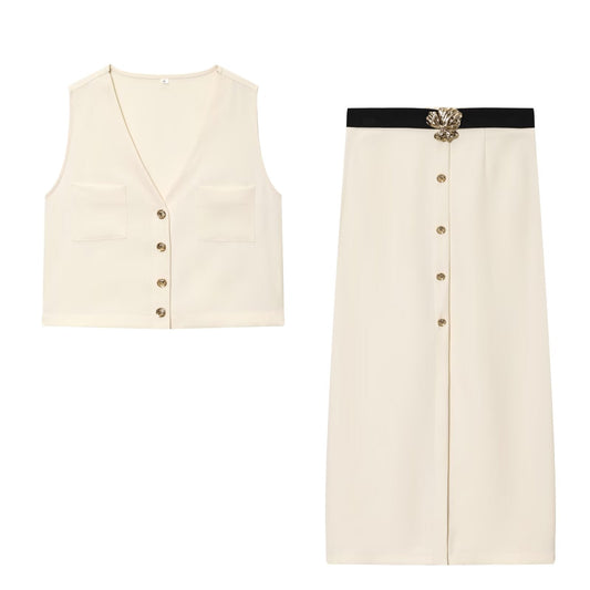 suit Women's 2 pieces sleeveless V-neck top+Skirts