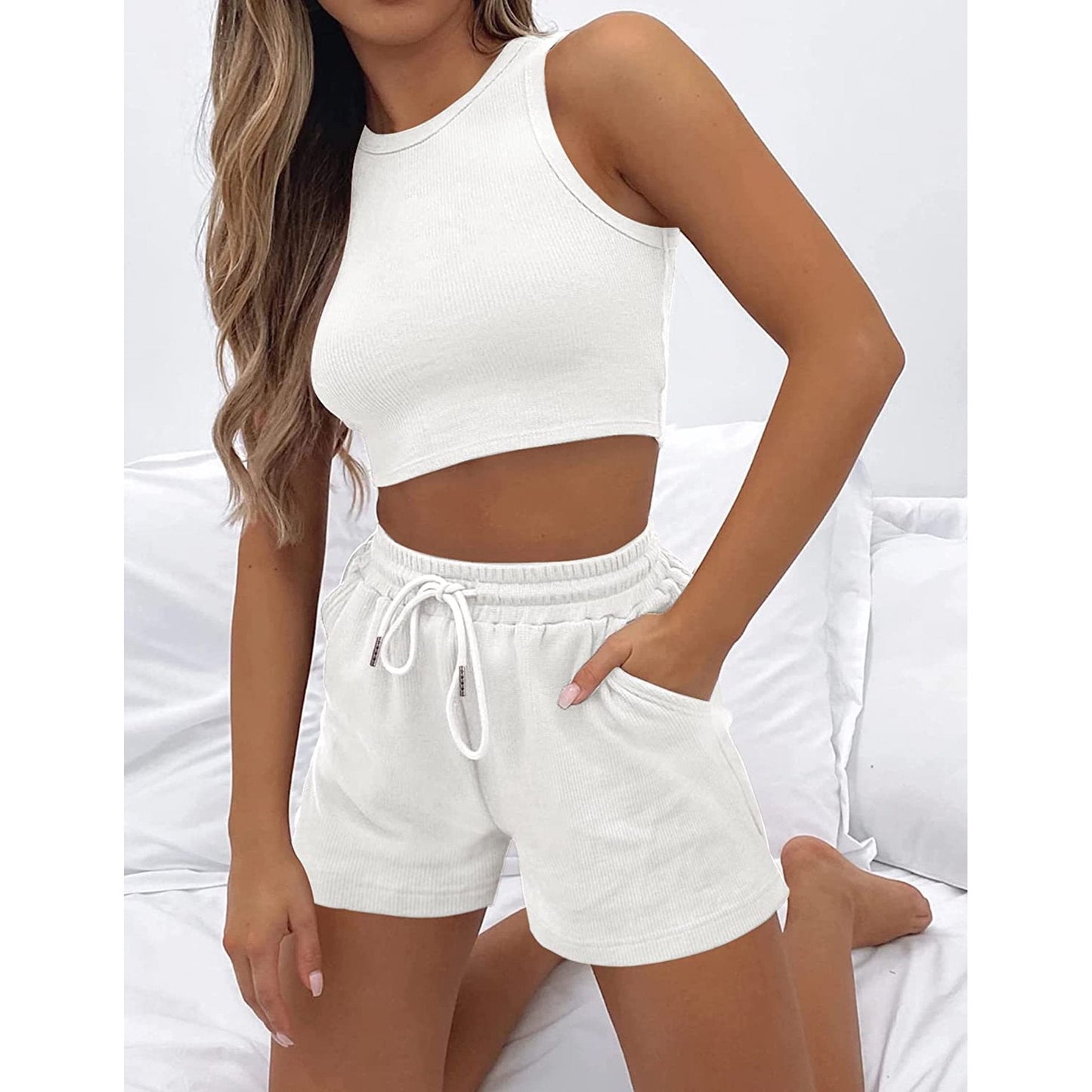 Women's Summer New Wild Sports Suit Solid Color Vest Fashion Casual Short 2-piece Yoga Suit