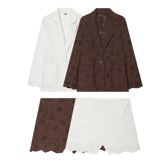 suit Women's 2 pieces with shoulder pads embroidered Blazer Coat+Shorts
