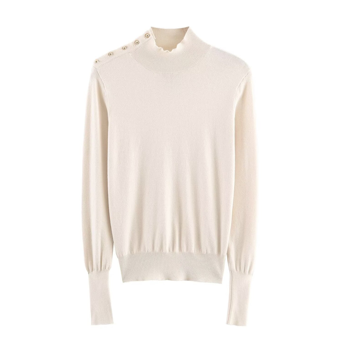 Women's buckle decoration slim stand collar knitted sweater