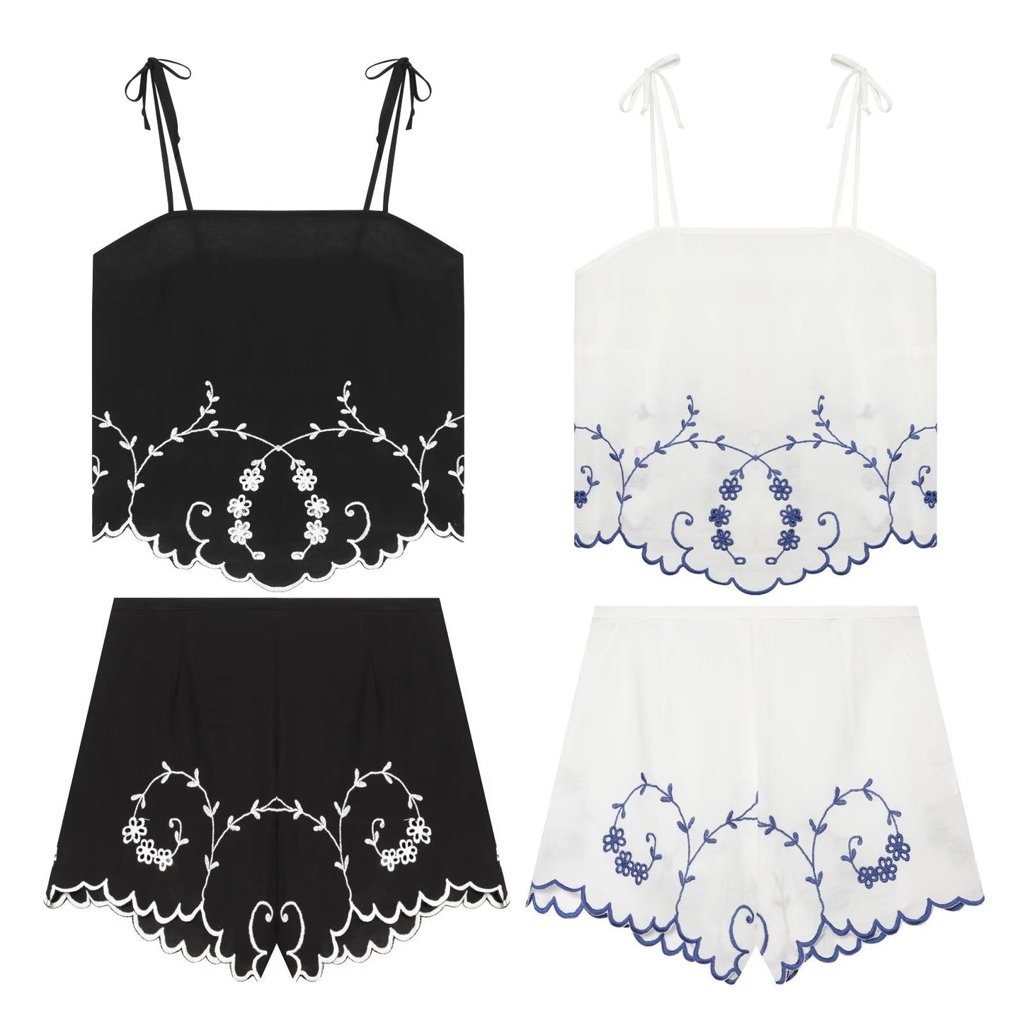 suit Women's 2 pieces linen blend embroidered top+Shorts
