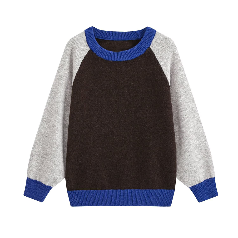 Women's round neck color blocked knitted sweater