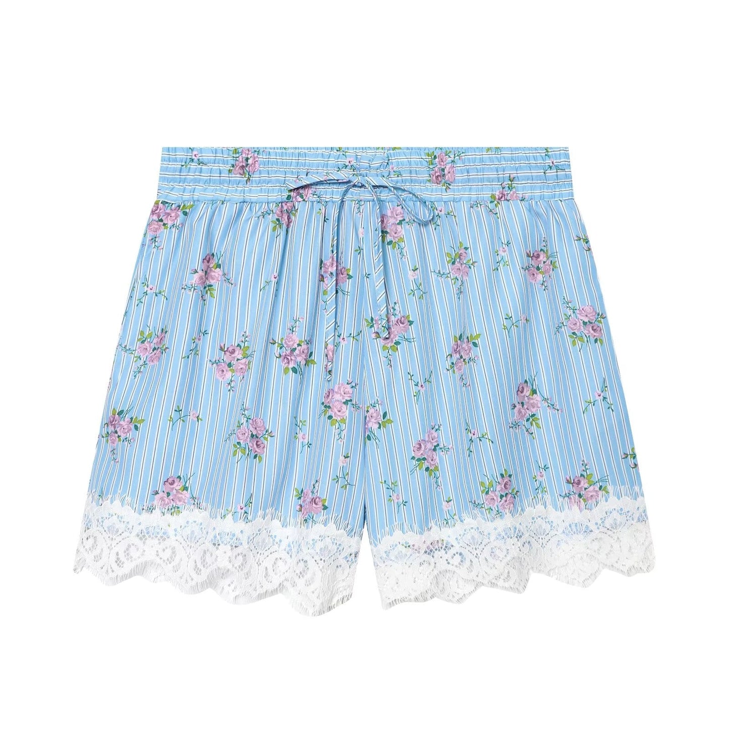 suit Women's 2 pieces striped printed shirt+striped lace shorts
