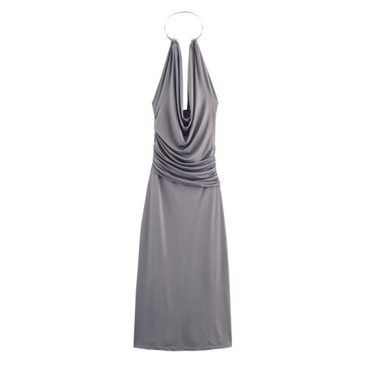 Women's new fashion sexy pleated hanging collar MIDI dress