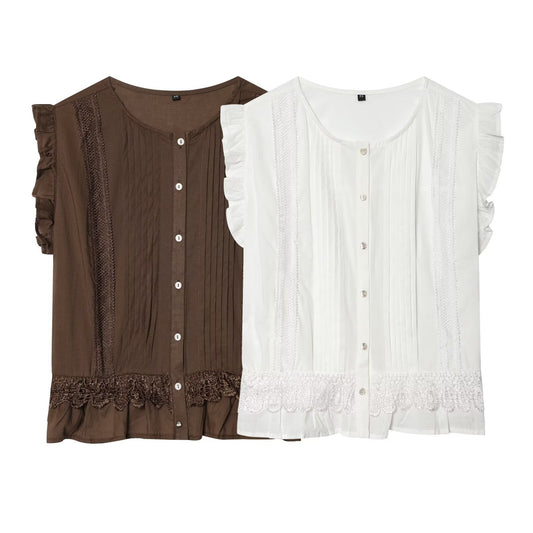 Women's vertical lace decoration sleeveless shirt