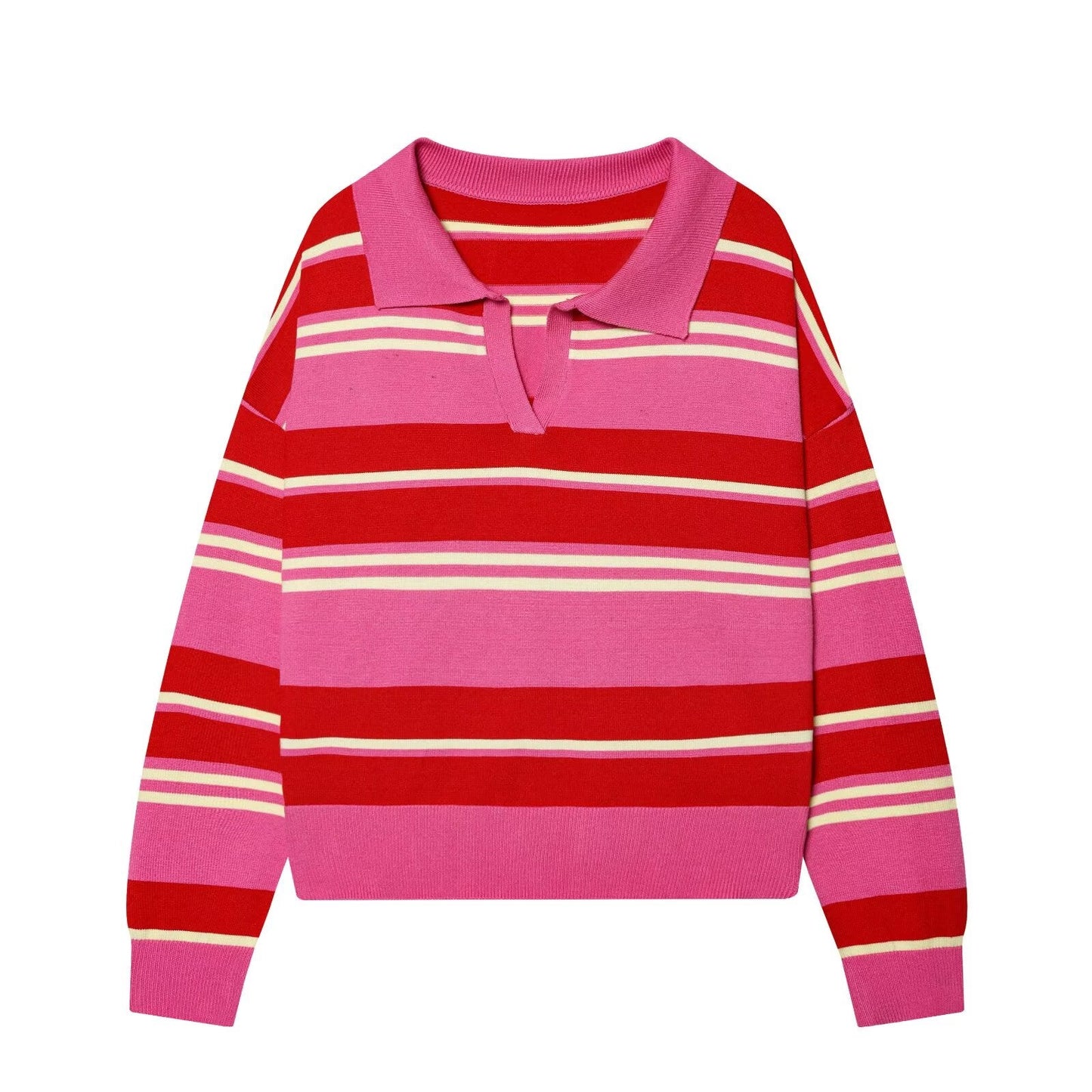 Women's casual soft texture striped knitted polo shirt