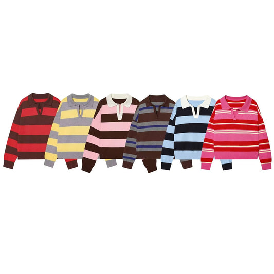 Women's casual striped knitted polo shirt