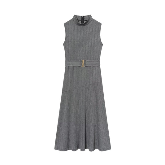 Women's New Fashion With Belt Sleeveless Twill Midi Dress