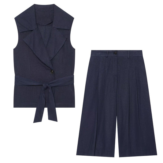 suit Women's 2 pieces with Belt linen blend vest+Long style casual shorts