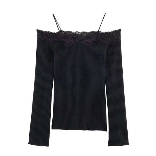 Women's off shoulder long sleeved patchwork T-shirt