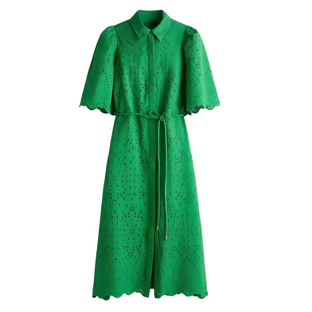 Women's hollowed out embroidered shirt style dress