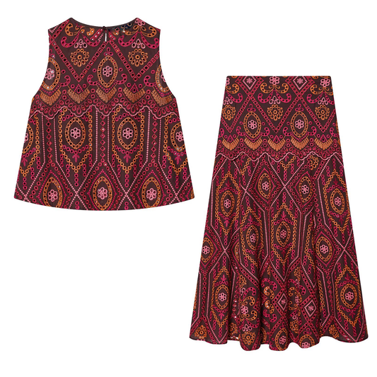 suit Women's 2 pieces hollowed out embroidered O-Neck top+Skirts