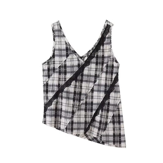 Women's 2025 new fashion sleeveless plaid V-neck top