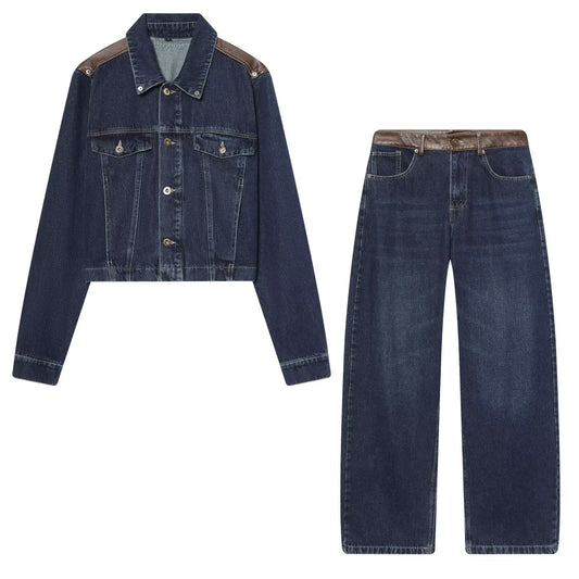 suit Women's 2 pieces denim leather effect jacket Coat+Jeans