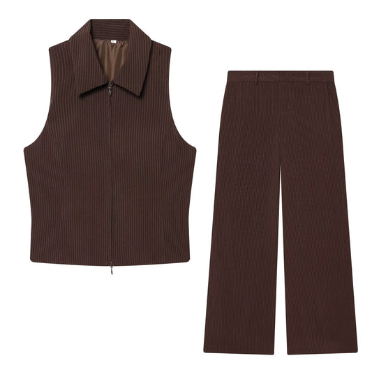 suit Women's 2 pieces sleeveless lapel striped zipper vest+Pants