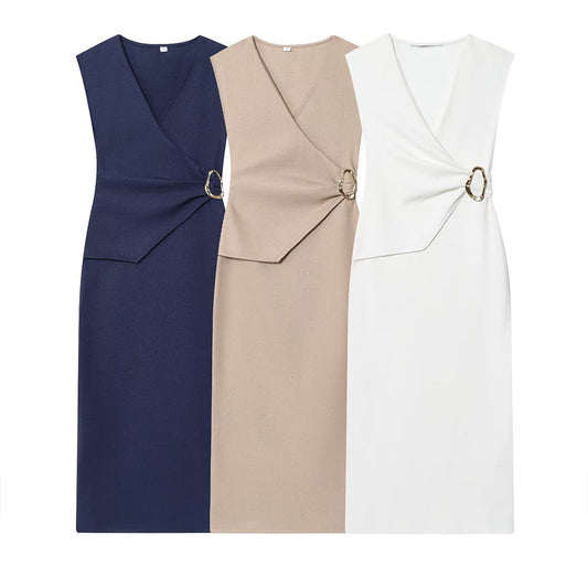 Women's 2025 new fashion pleated V-neck Twill Midi dress
