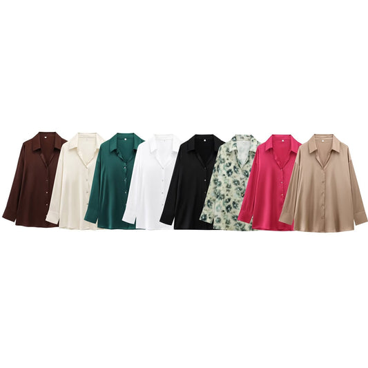 Women's new fashion casual single breasted shirt long sleeved satin textured shirt