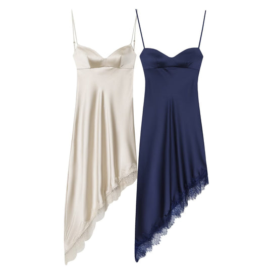 Women's Lace Satin Texture suspender Midi Dress