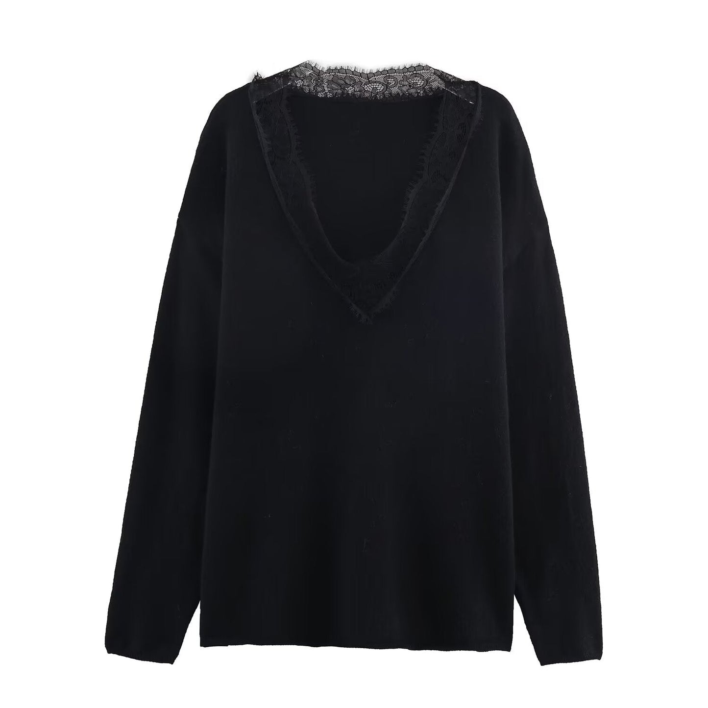 Women's lace decorated loose V-neck knitted sweater