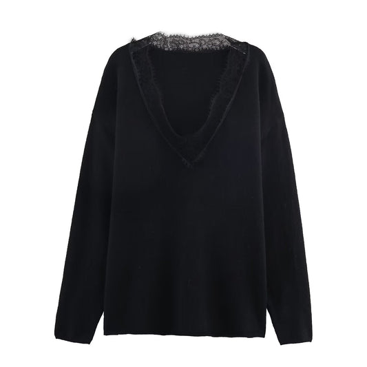 Women's lace decorated loose V-neck knitted sweater