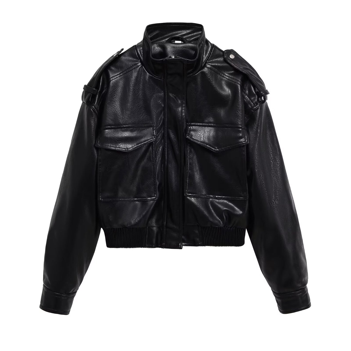 Women's short standing collar Faux Leather jacket Coat