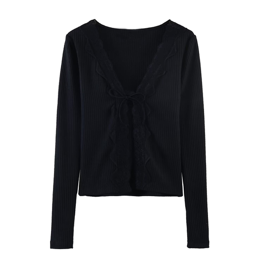 Women's slim V-neck ribbed patchwork top
