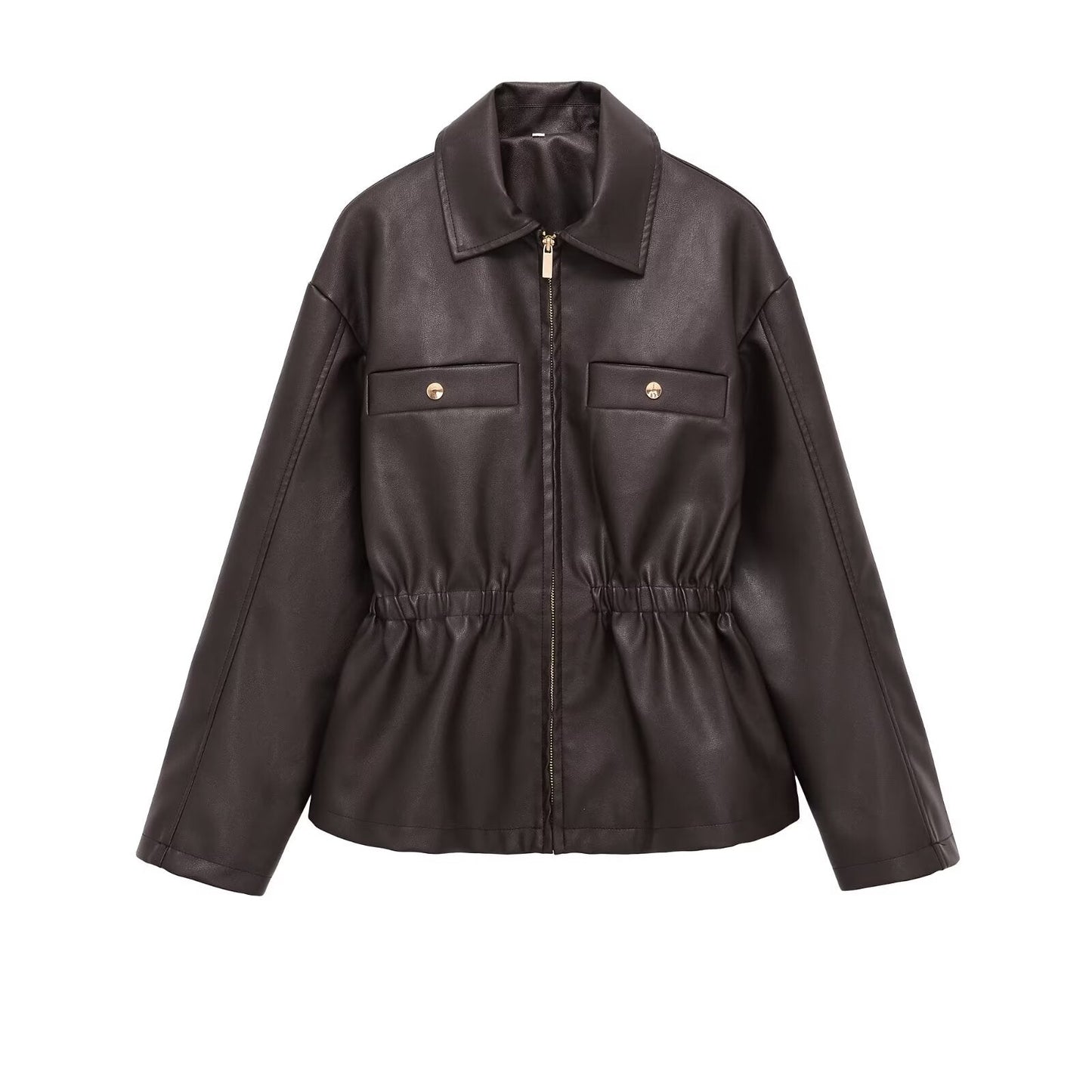 Women's elastic waist lapel Faux Leather jacket Coat