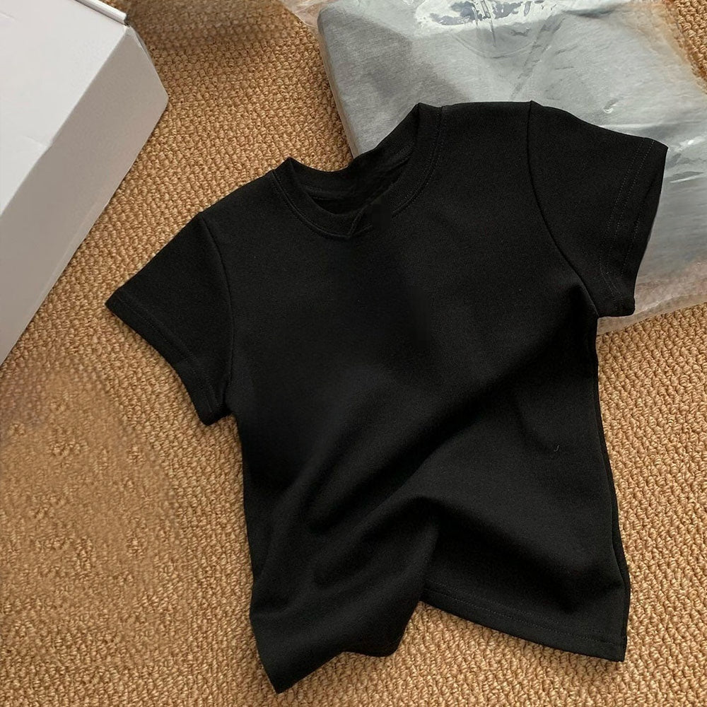 2026 women's new slim shoulder round neck short sleeve T-shirt