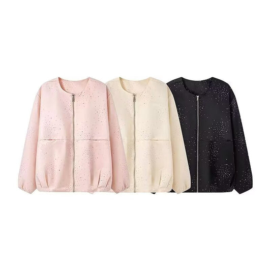 Women's bright diamond fabric O Neck jacket Coat