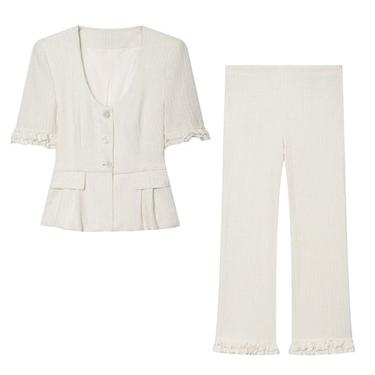 suit Women's 2 pieces short sleeved layered decorative hem Coat+flared pants