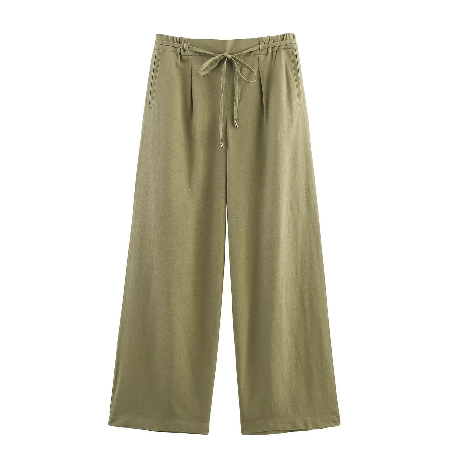 Women's new fashion with Belt loose casual linen blended wide leg pants