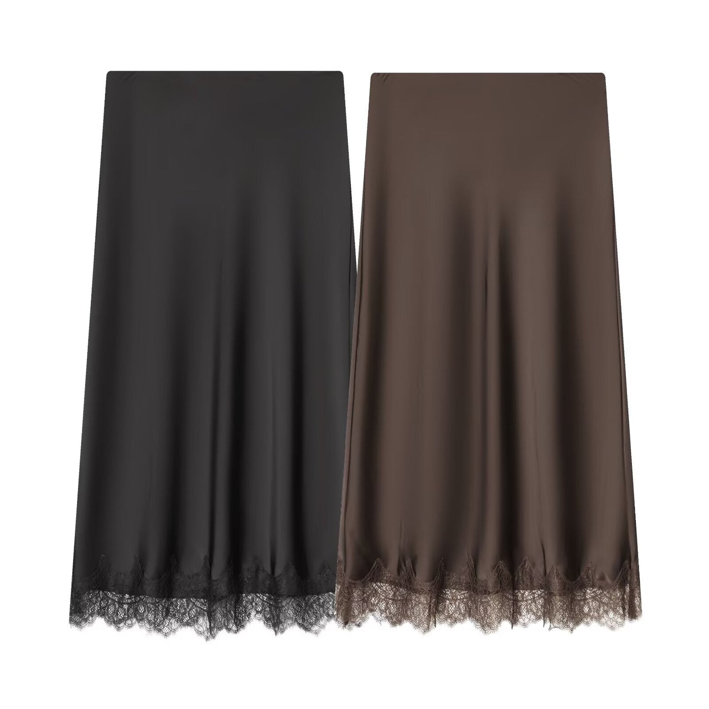 Women's lace hem satin texture MIDI skirt