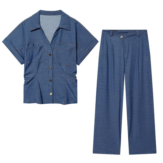 suit Women's 2 pieces short sleeved waist cinched pleated shirt+Jeans