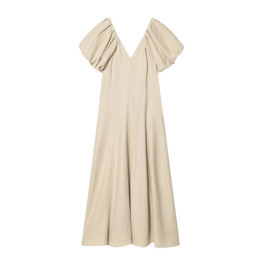 Women's Bubble sleeve Linen Blend Midi Dress