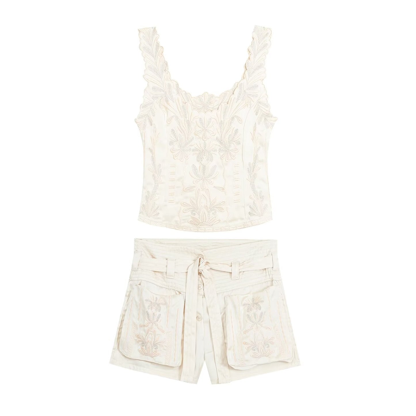 suit Women's 2 pieces embroidered vest style top+Shorts
