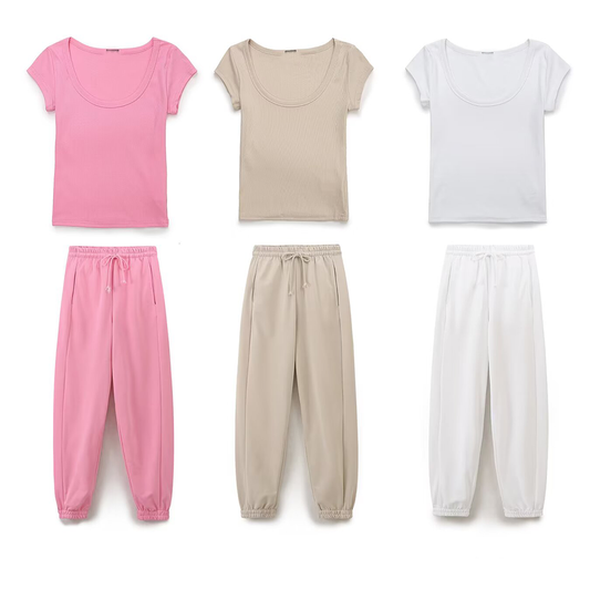 suit Women's 2 pieces slim O Neck ribbed T-shirt+Jogging pants