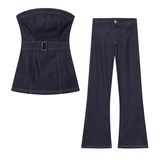 Women's new fashion loose high waisted wide leg jeans+Cowboy top