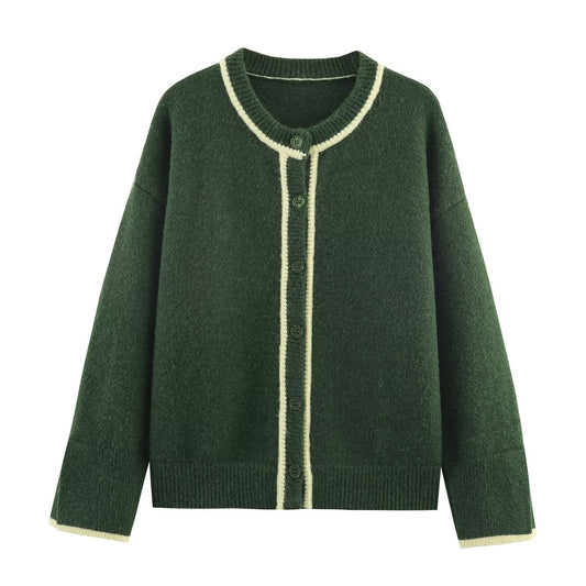 Women's contrasting color trimmed O Neck knitted Coat