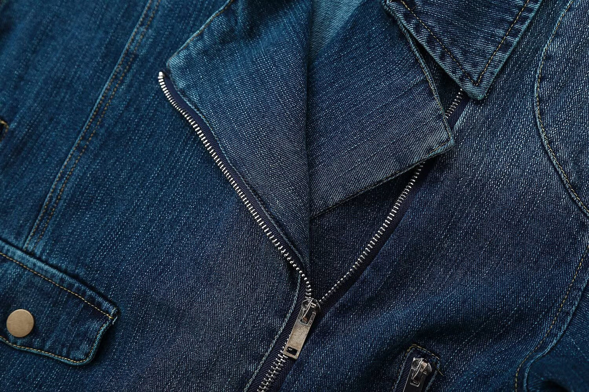 Women's belt decoration denim motorcycle style jacket Coat