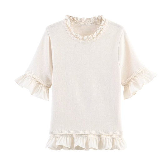 Women's O-Neck short sleeved patchwork knit shirt