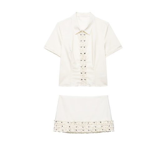 suit Women's 2 pieces Rivet Stacked Decorative Poplin Shirt+Skirts