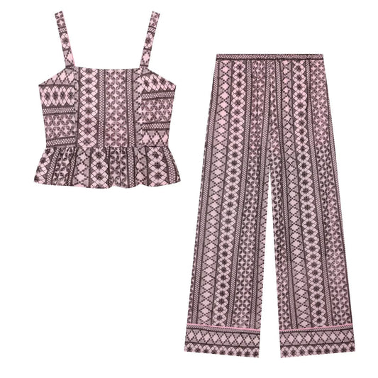 suit Women's 2 pieces hollowed out embroidered wide leg pants+top