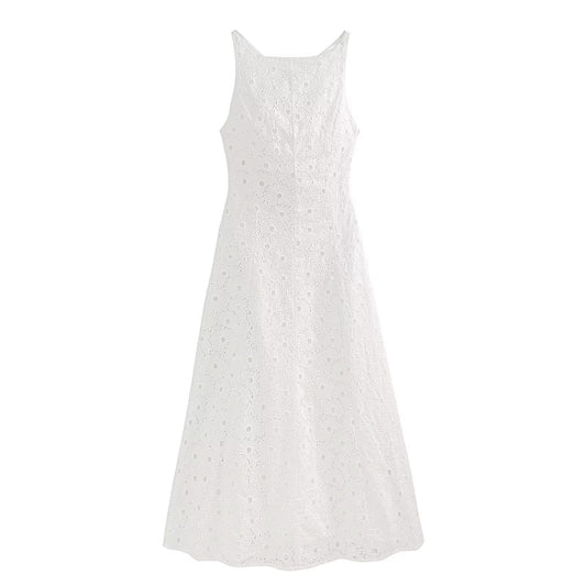 Women's hollow embroidery sleeveless MIDI dress