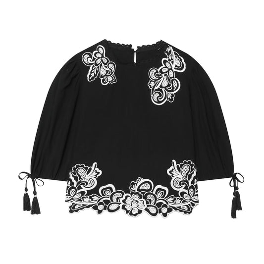 Women's Bubble Sleeve Short Embroidered Shirt