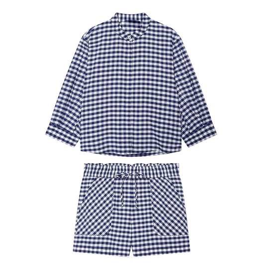 suit Women's 2 pieces plaid button up shirt+shorts