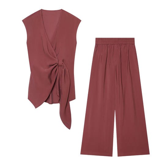 suit Women's 2 pieces knot decoration draped top+wide leg pants